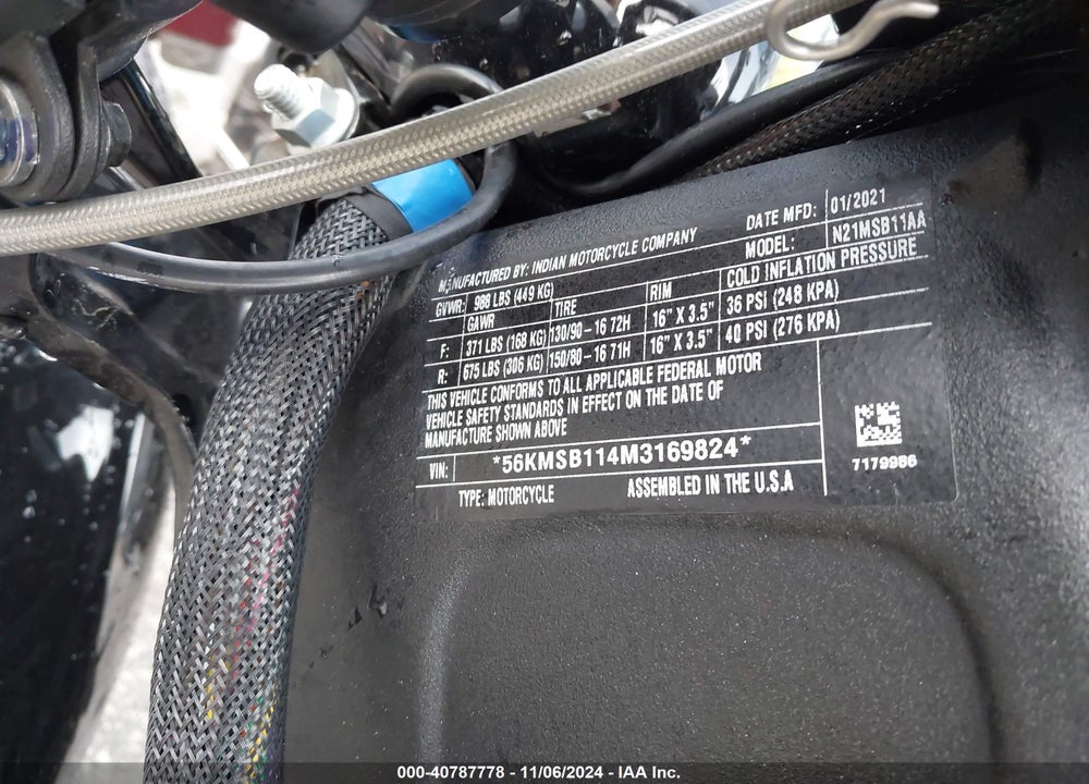 2021 INDIAN MOTORCYCLE CO. SCOUT SIXTY VIN: 56KMSB114M3169824