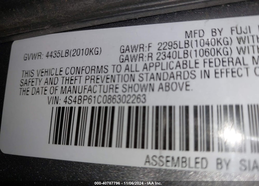2008 SUBARU OUTBACK 2.5I VIN: 4S4BP61C086302263