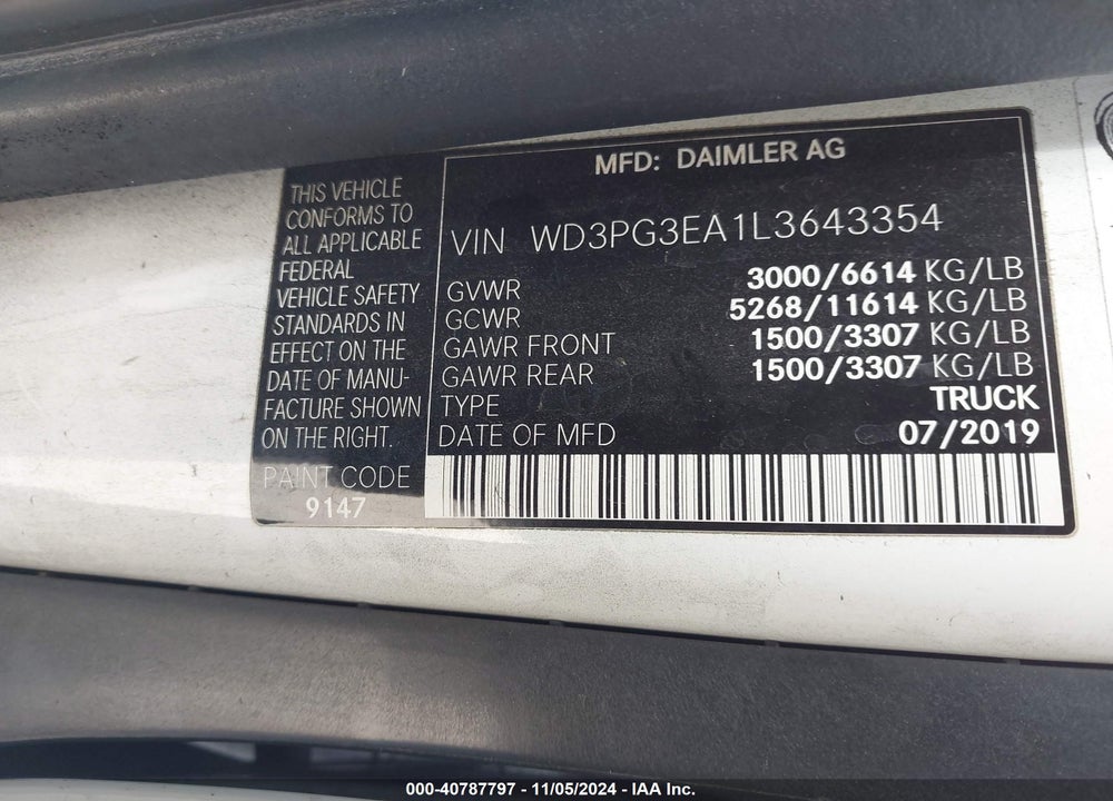 2020 MERCEDES-BENZ METRIS VIN: WD3PG3EA1L3643354