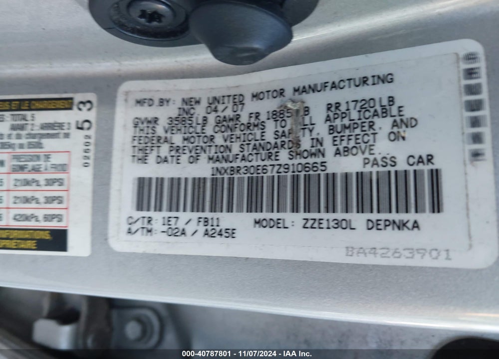 2007 TOYOTA COROLLA LE VIN: 1NXBR30E67Z910665