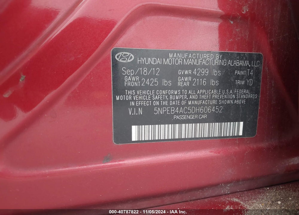 2013 HYUNDAI SONATA GLS VIN: 5NPEB4AC5DH606452