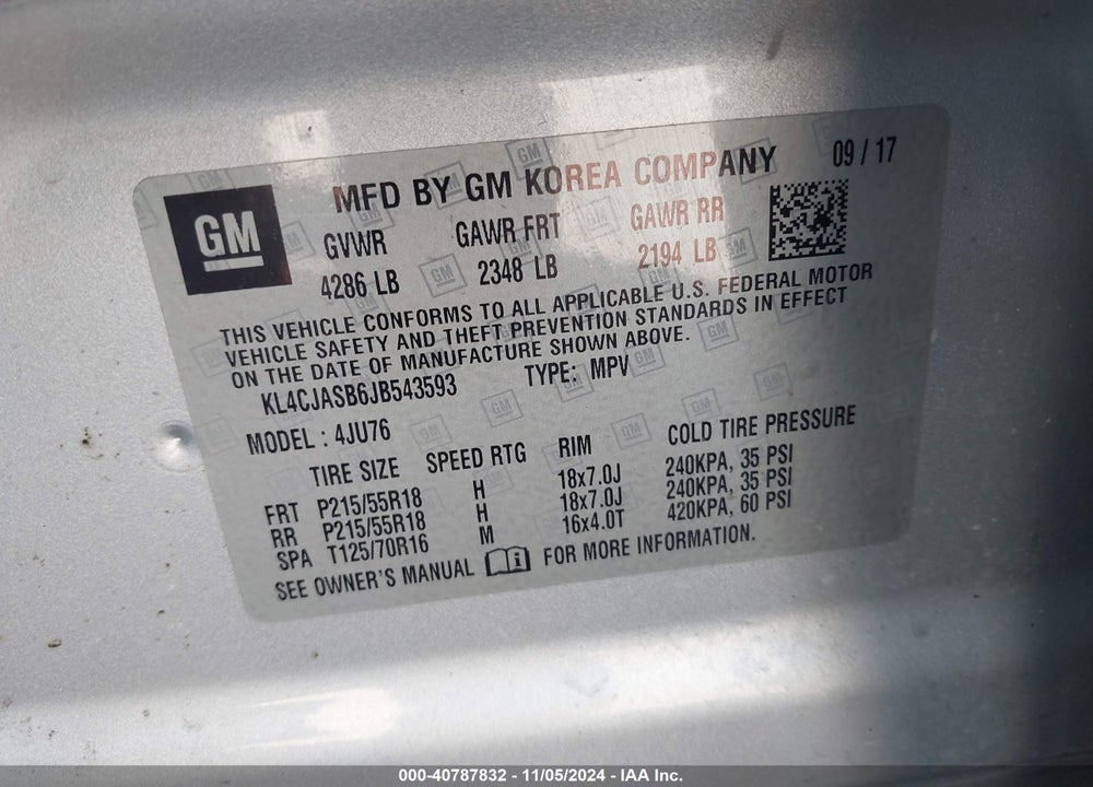 2018 BUICK ENCORE PREFERRED VIN: KL4CJASB6JB543593