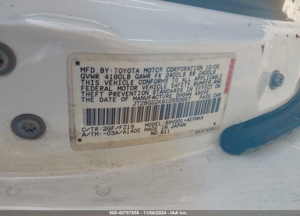 2001 TOYOTA CAMRY LE VIN: JT2BG22K810550667