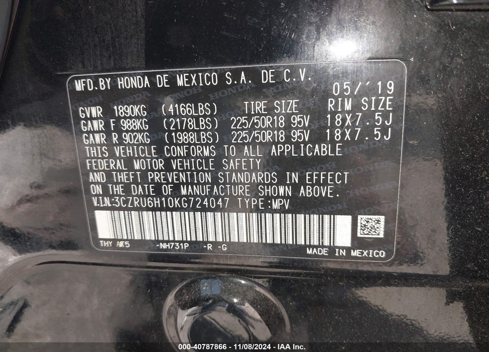 2019 HONDA HR-V SPORT VIN: 3CZRU6H10KG724047