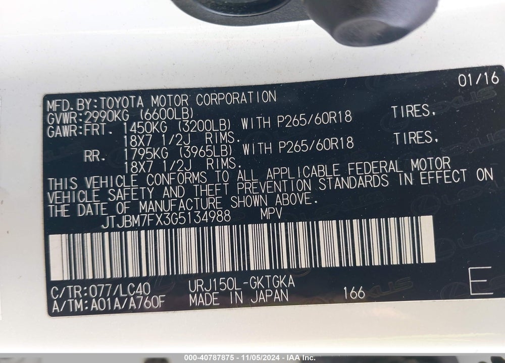 2016 LEXUS 460 VIN: JTJBM7FX3G5134988