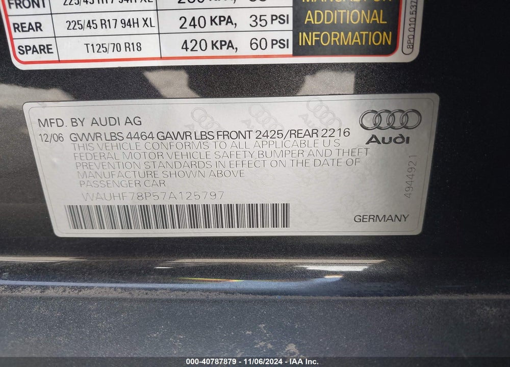 2007 AUDI A3 2.0T VIN: WAUHF78P57A125797