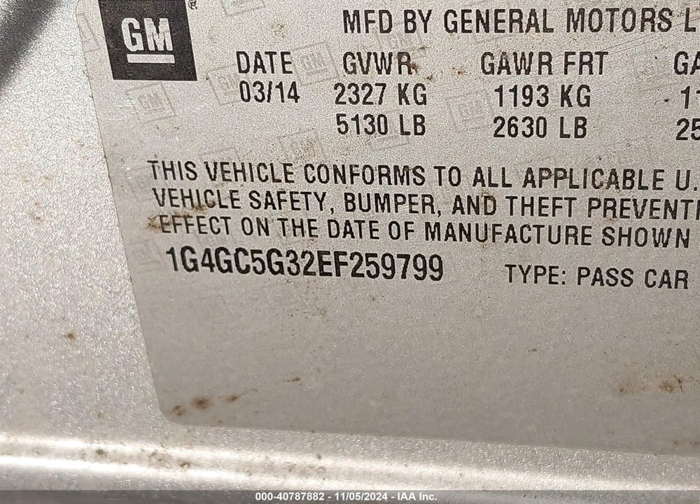 2014 BUICK LACROSSE LEATHER GROUP VIN: 1G4GC5G32EF259799
