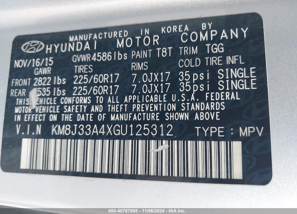 2016 HYUNDAI TUCSON SE VIN: KM8J33A4XGU125312