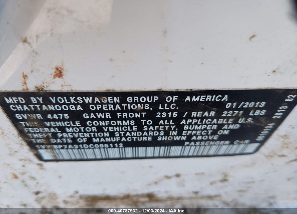 2013 VOLKSWAGEN PASSAT 2.5L SE VIN: 1VWBP7A31DC095112