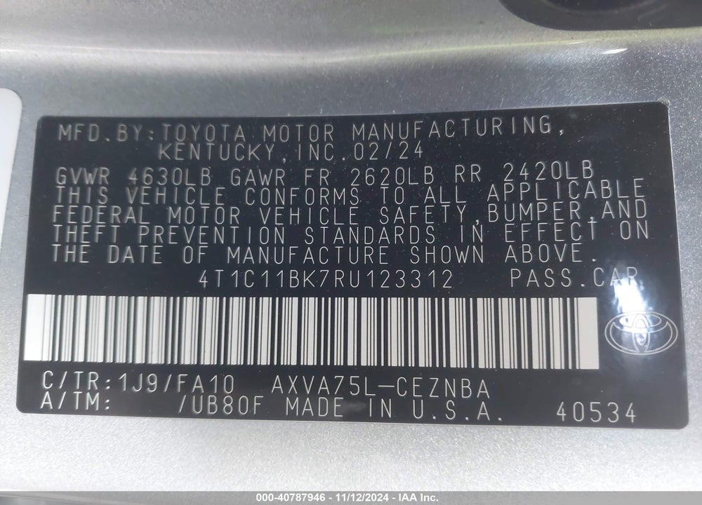 2024 TOYOTA CAMRY LE VIN: 4T1C11BK7RU123312