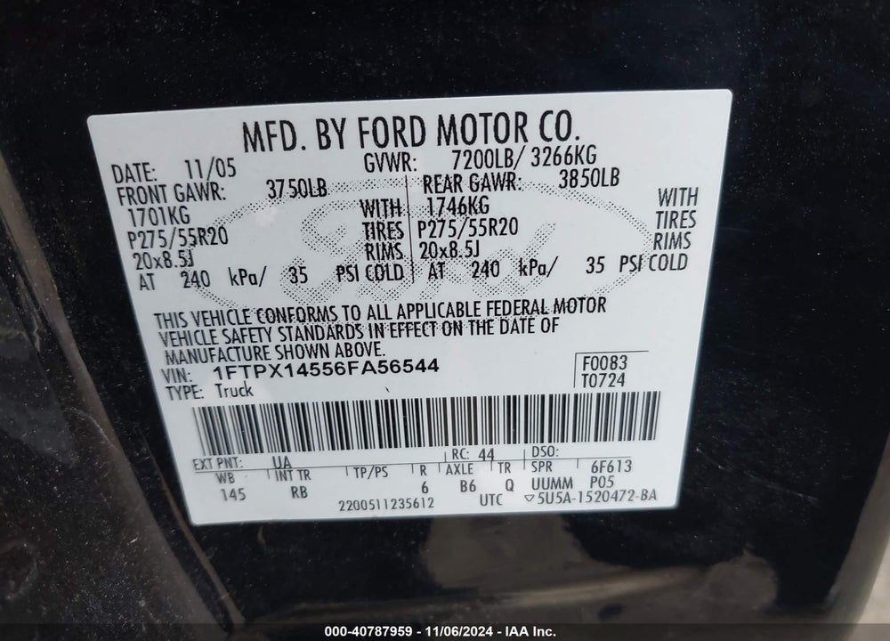 2006 FORD F-150 FX4/LARIAT/XL/XLT VIN: 1FTPX14556FA56544