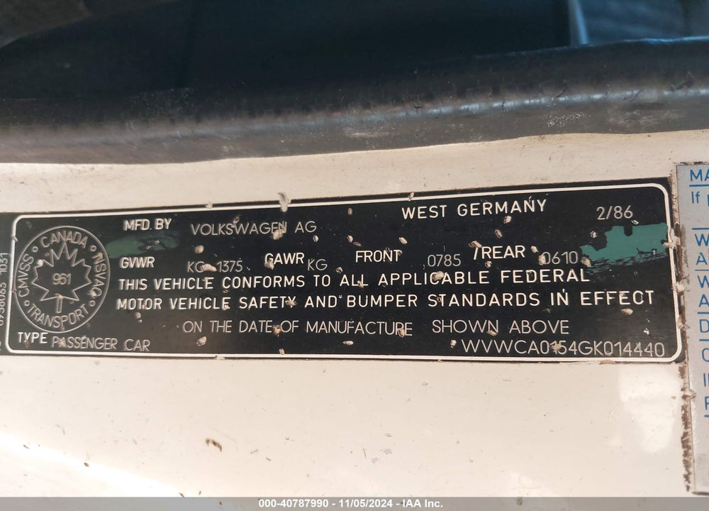 1986 VOLKSWAGEN CABRIOLET VIN: WVWCA0154GK014440
