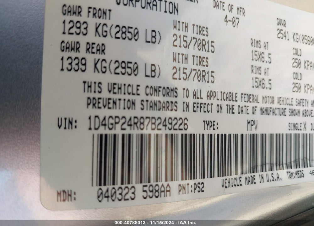 2007 DODGE GRAND CARAVAN SE VIN: 1D4GP24R87B249226