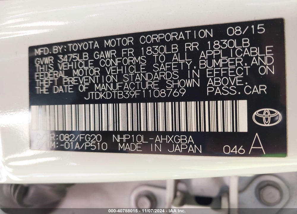 2015 TOYOTA PRIUS C THREE VIN: JTDKDTB39F1108769