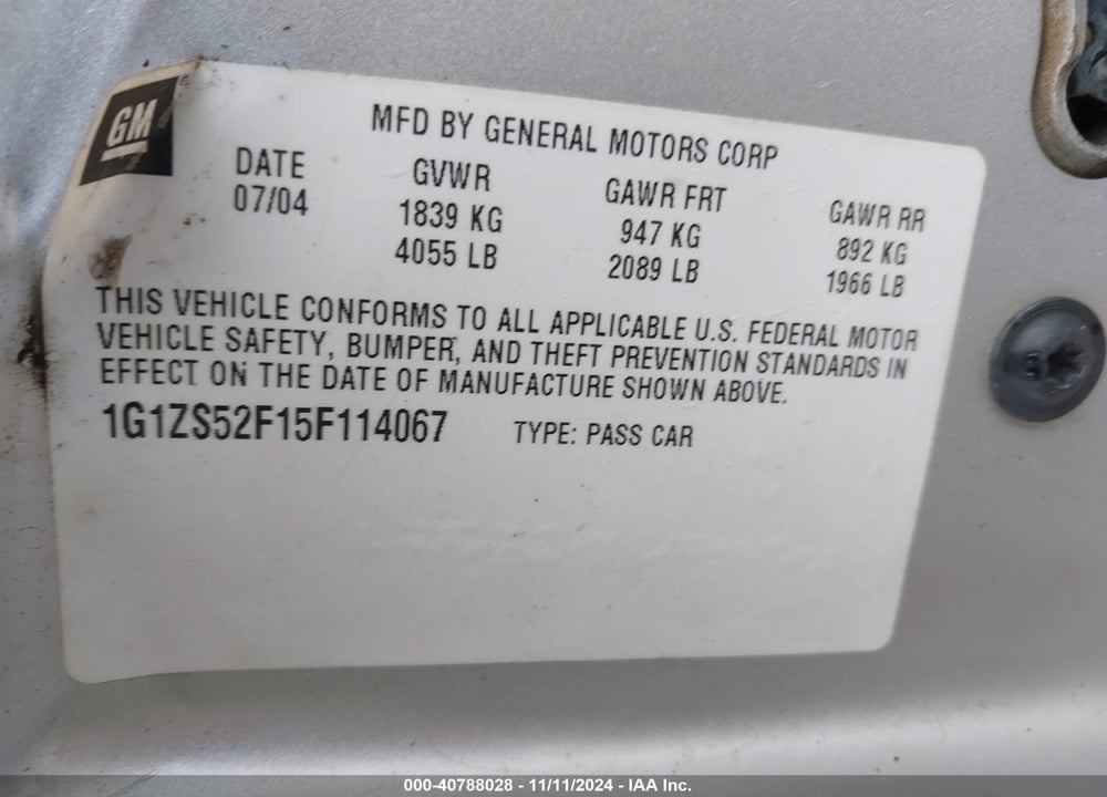 2005 CHEVROLET MALIBU VIN: 1G1ZS52F15F114067