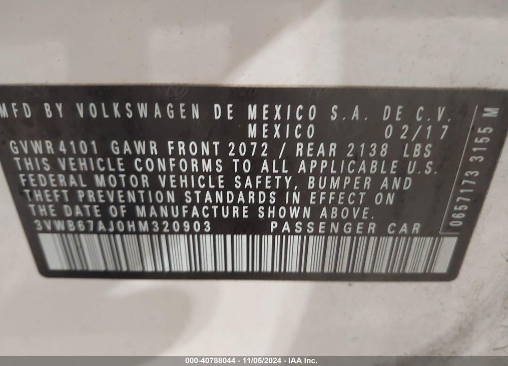 2017 VOLKSWAGEN JETTA 1.4T SE VIN: 3VWB67AJ0HM320903