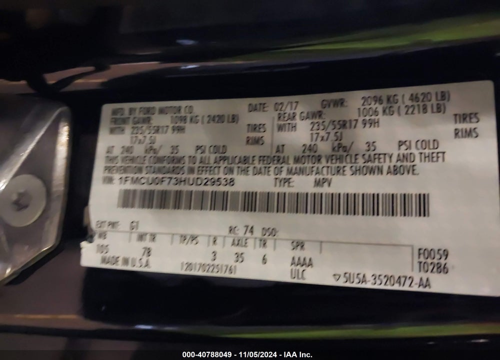 2017 FORD ESCAPE S VIN: 1FMCU0F73HUD29538