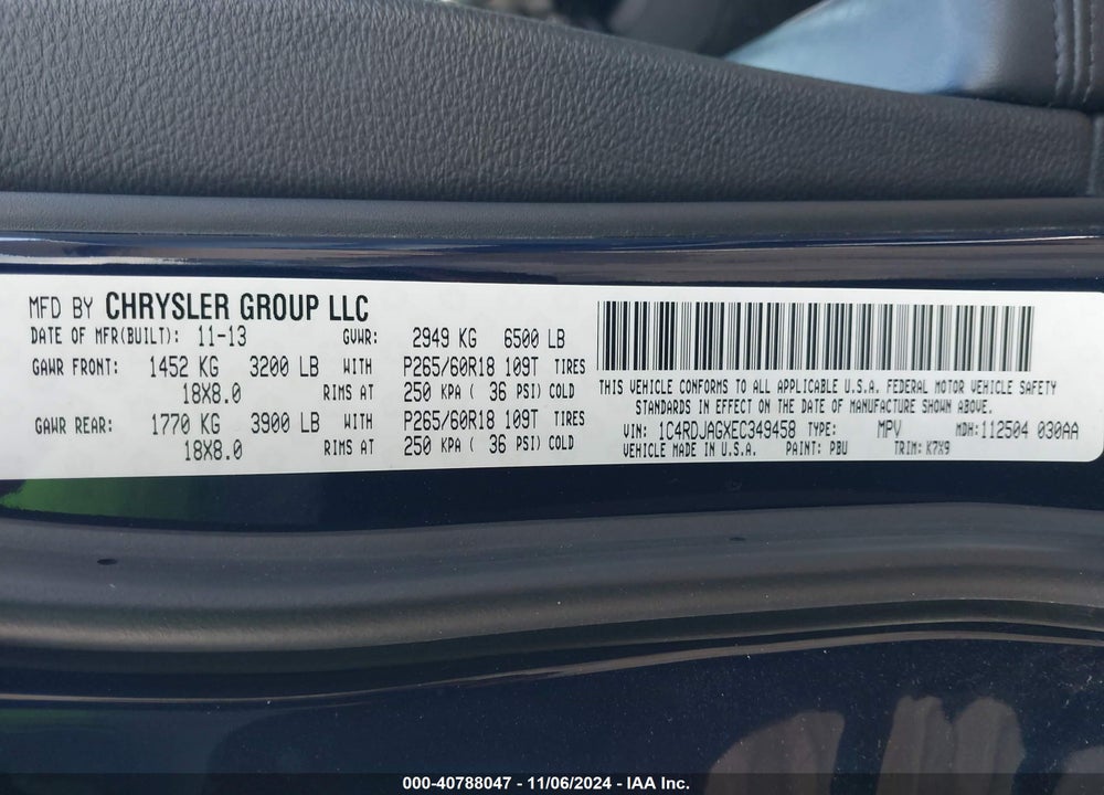 2014 DODGE DURANGO SXT VIN: 1C4RDJAGXEC349458