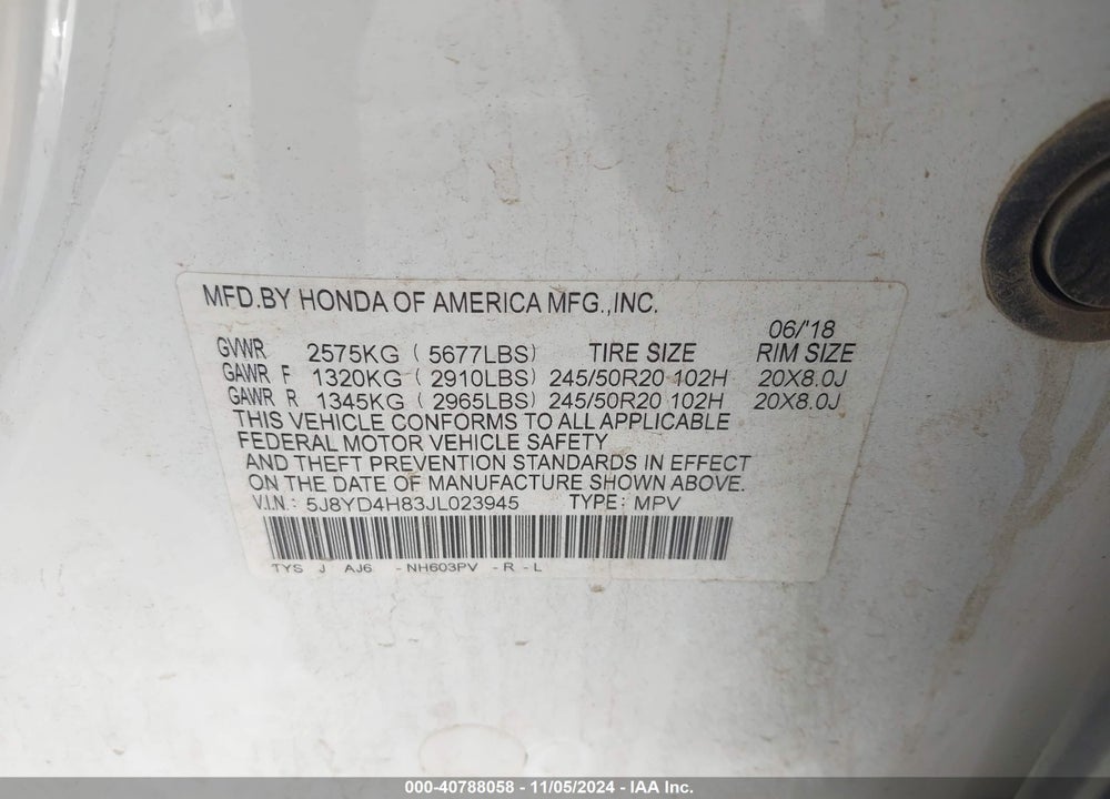 2018 ACURA MDX ADVANCE PACKAGE VIN: 5J8YD4H83JL023945
