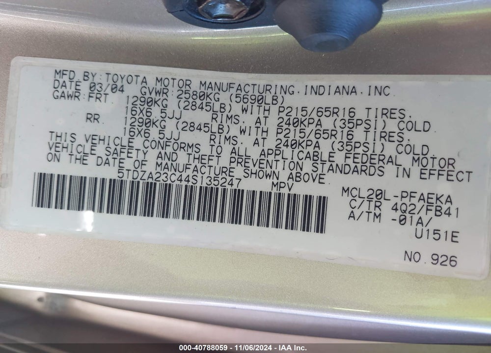 2004 TOYOTA SIENNA LE VIN: 5TDZA23C44S135247