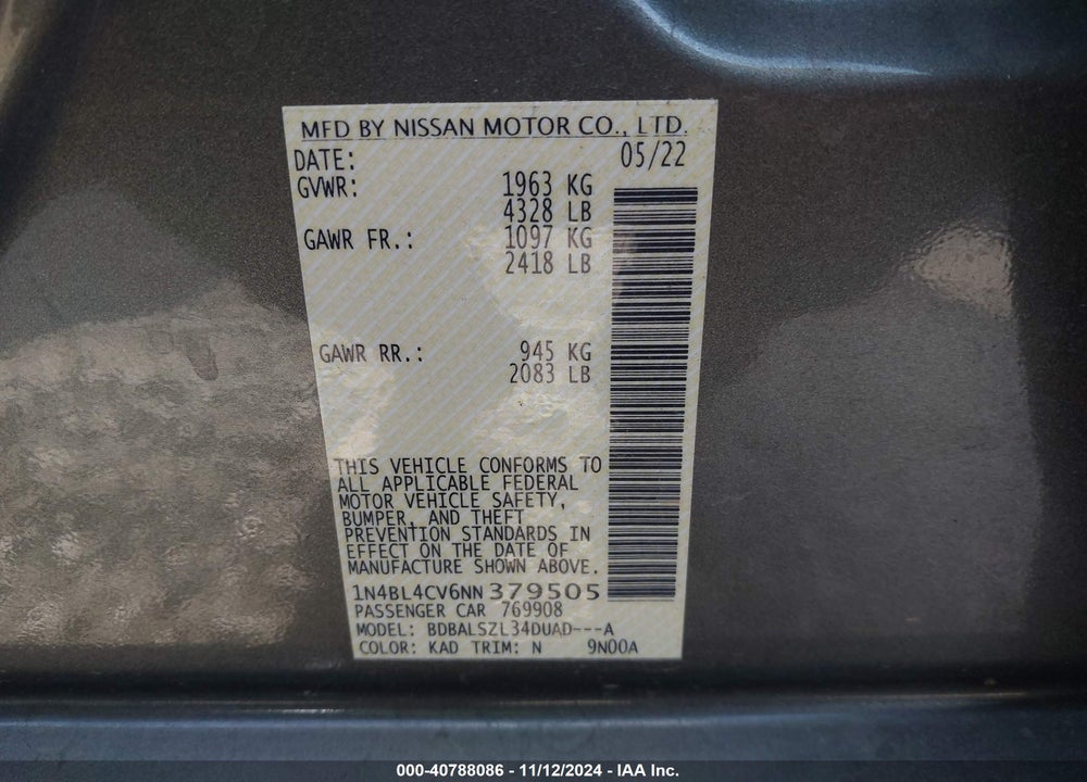 2022 NISSAN ALTIMA SR FWD VIN: 1N4BL4CV6NN379505