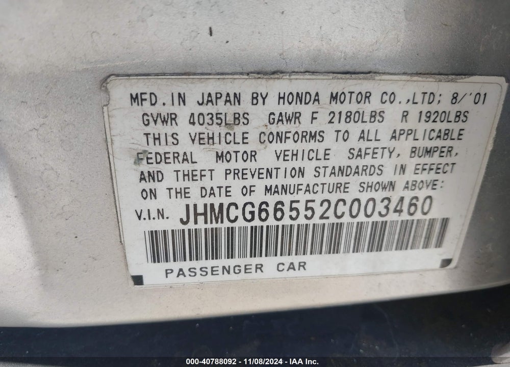 2002 HONDA ACCORD 2.3 LX/LX VIN: JHMCG66552C003460