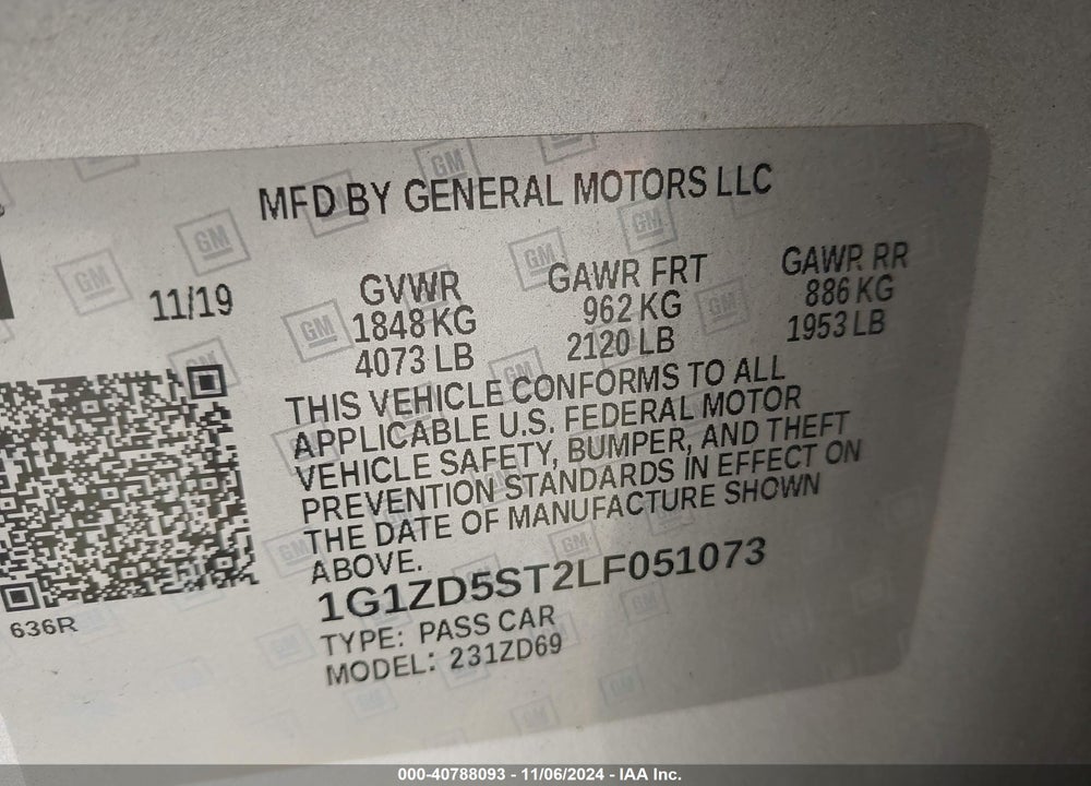 2020 CHEVROLET MALIBU FWD LT VIN: 1G1ZD5ST2LF051073