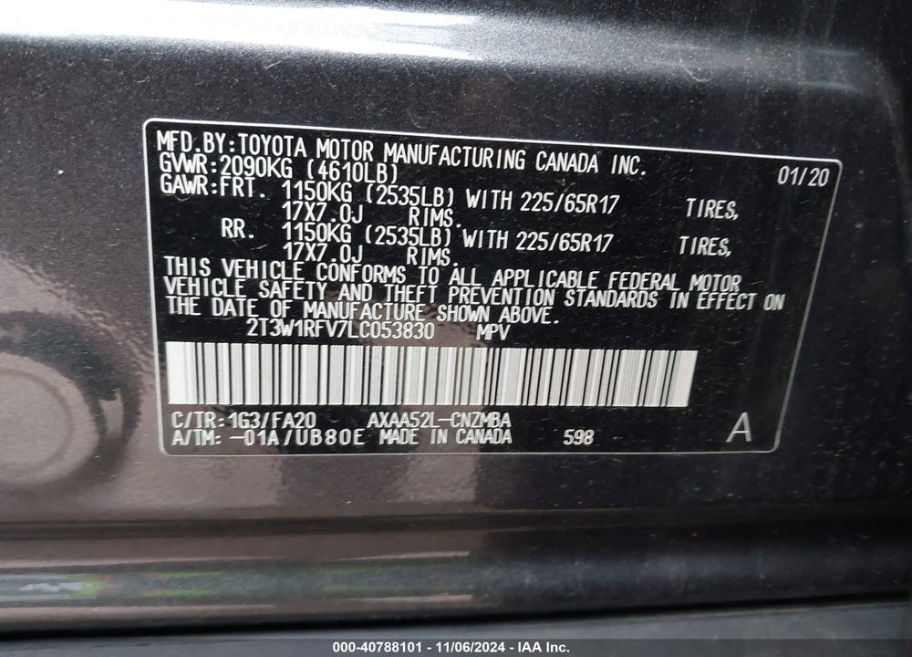 2020 TOYOTA RAV4 XLE VIN: 2T3W1RFV7LC053830