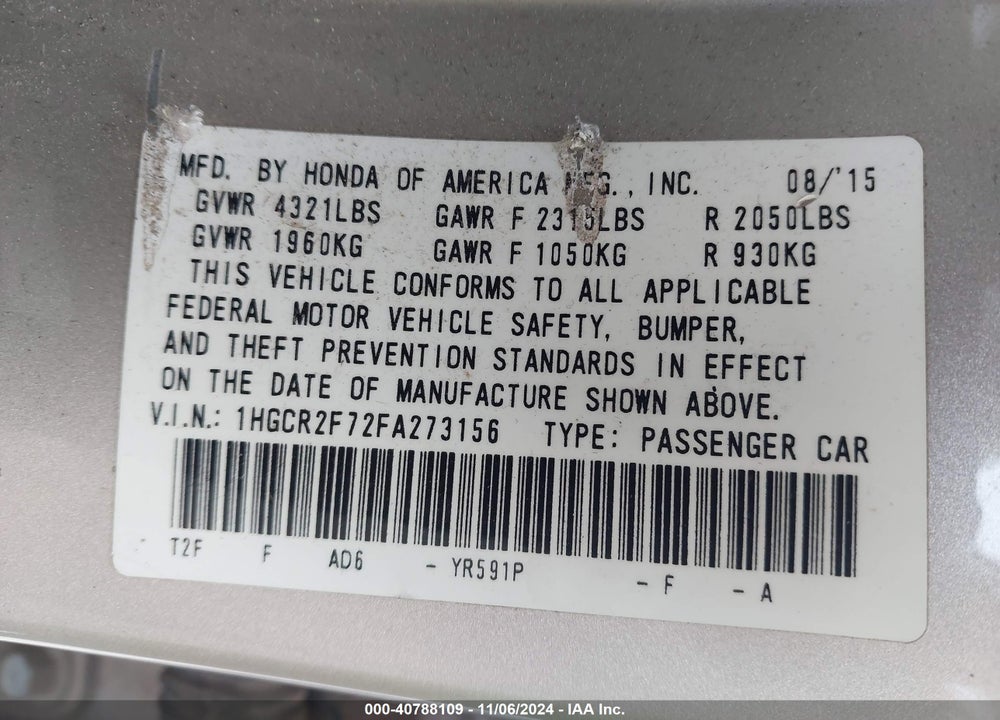 2015 HONDA ACCORD EX VIN: 1HGCR2F72FA273156