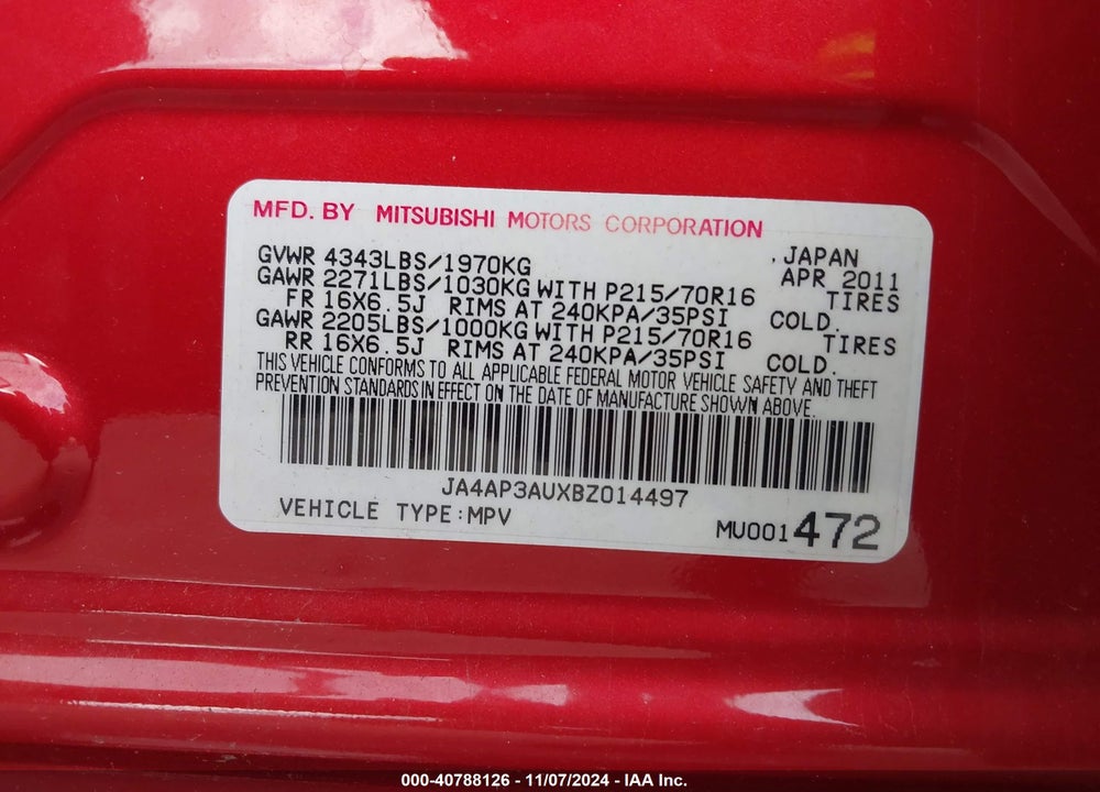 2011 MITSUBISHI OUTLANDER SPORT VIN: JA4AP3AUXBZ014497