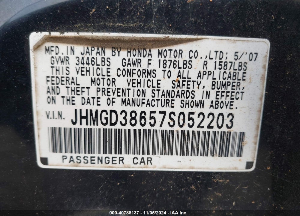 2007 HONDA FIT SPORT VIN: JHMGD38657S052203