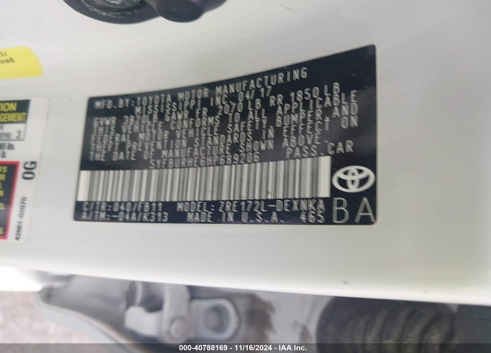 2017 TOYOTA COROLLA L/LE/XLE/SE/XSE VIN: 5YFBURHE6HP689206