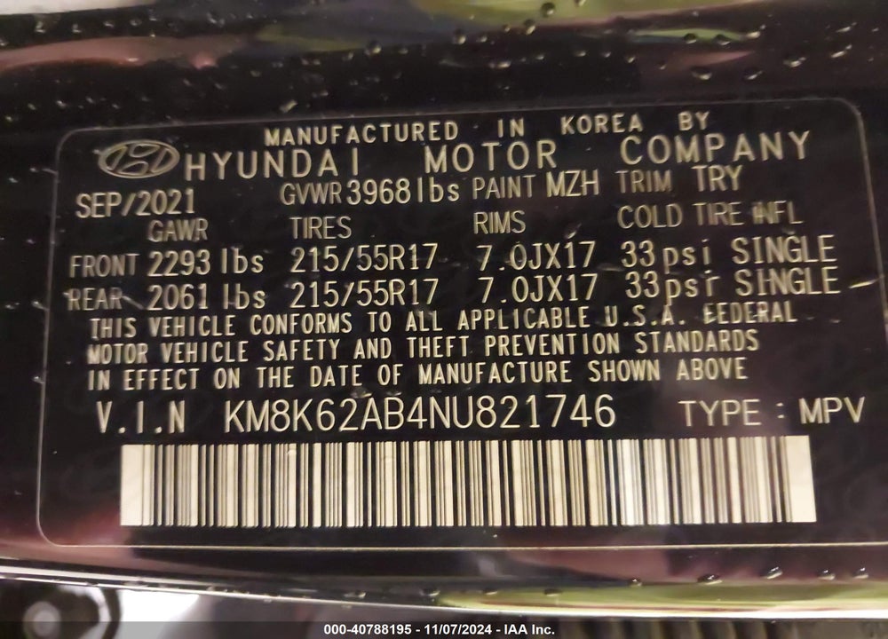 2022 HYUNDAI KONA VIN: KM8K62AB4NU821746
