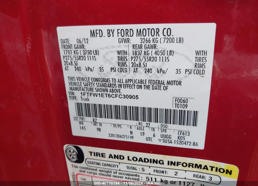2012 FORD F-150 PLATINUM VIN: 1FTFW1ET6CFC30905
