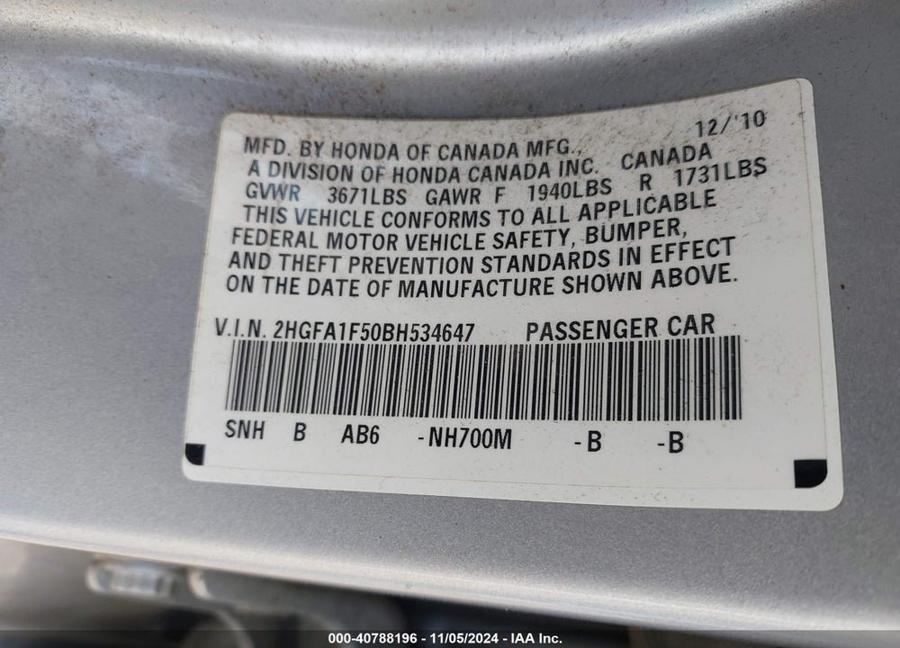 2011 HONDA CIVIC LX VIN: 2HGFA1F50BH534647