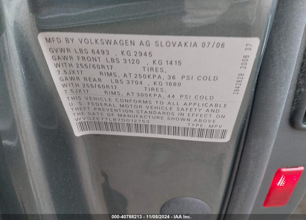 2007 VOLKSWAGEN TOUAREG V6 VIN: WVGZE77L87D012753