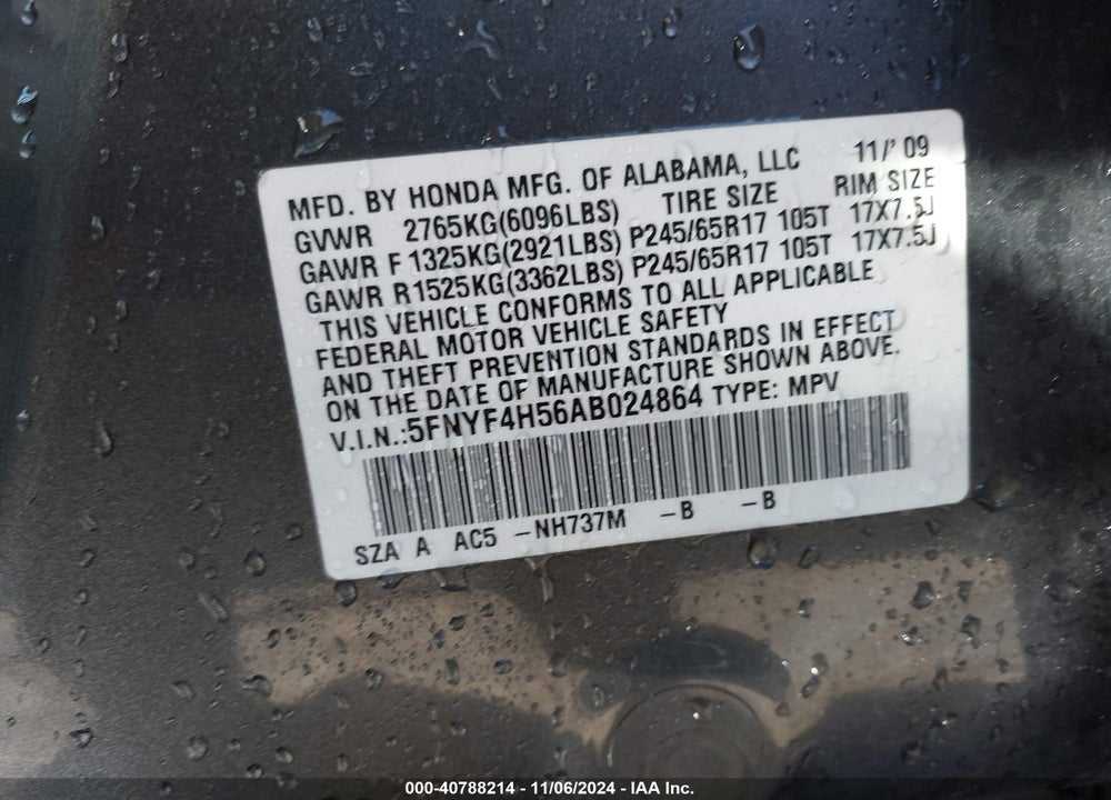 2010 HONDA PILOT EX-L VIN: 5FNYF4H56AB024864