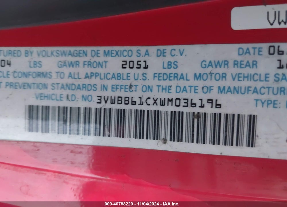 1998 VOLKSWAGEN NEW BEETLE VIN: 3VWBB61CXWM036196