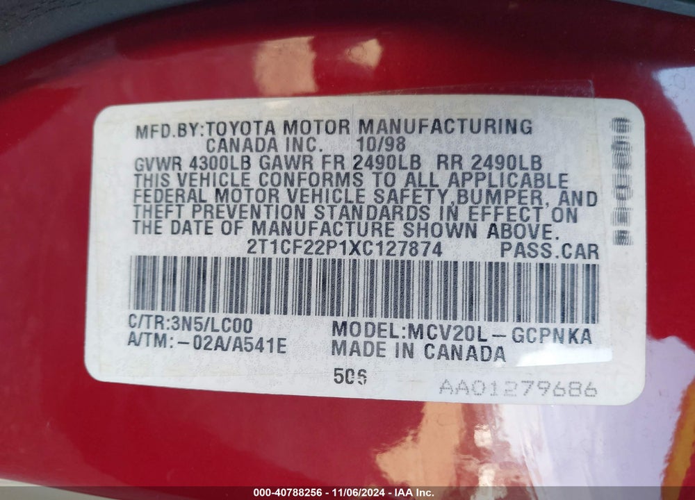 1999 TOYOTA CAMRY SOLARA SLE VIN: 2T1CF22P1XC127874