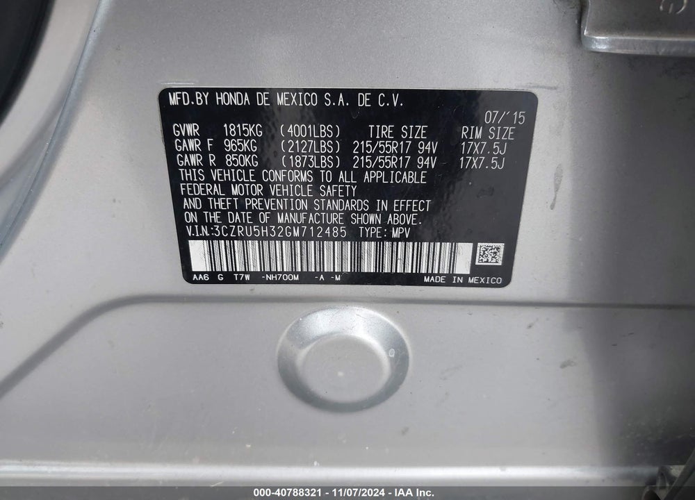 2016 HONDA HR-V LX VIN: 3CZRU5H32GM712485