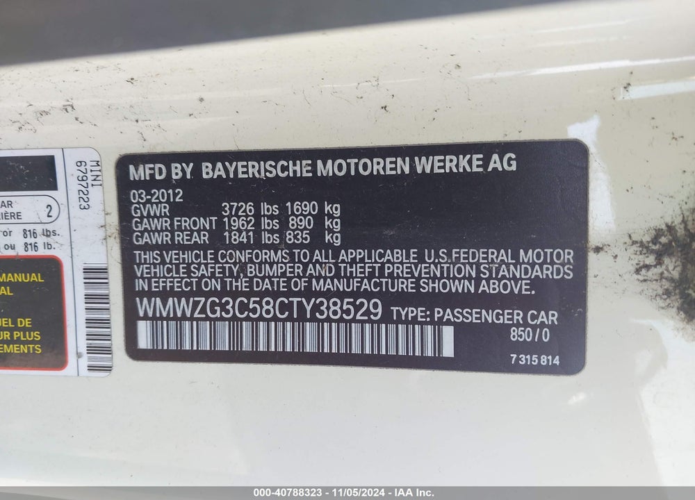 2012 MINI COOPER S CLUBMAN VIN: WMWZG3C58CTY38529