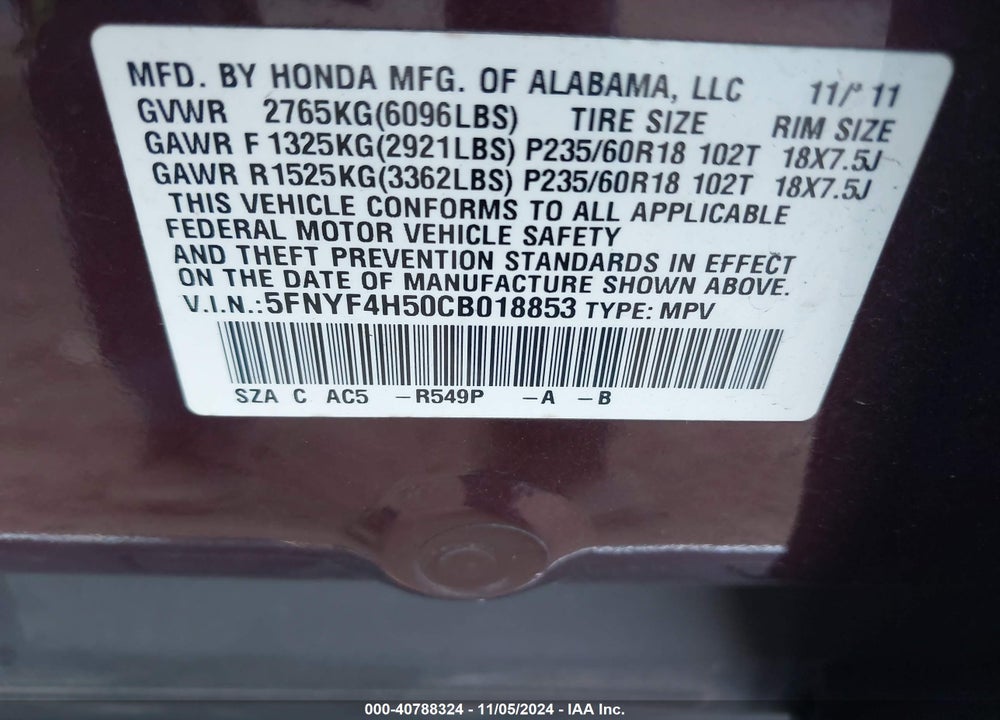 2012 HONDA PILOT EX-L VIN: 5FNYF4H50CB018853