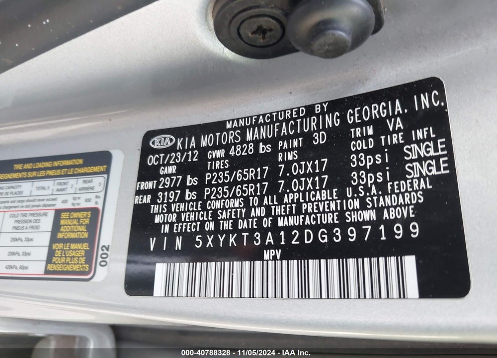 2013 KIA SORENTO LX VIN: 5XYKT3A12DG397199