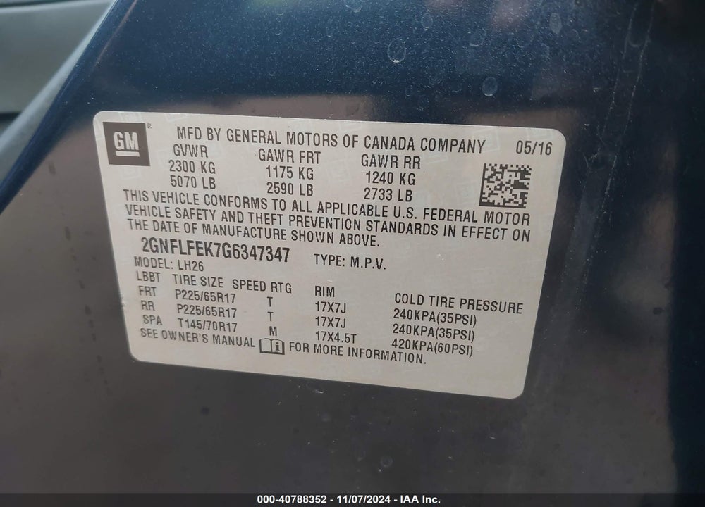 2016 CHEVROLET EQUINOX LT VIN: 2GNFLFEK7G6347347