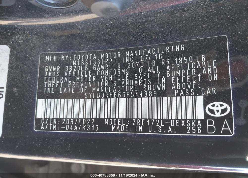 2016 TOYOTA COROLLA S PLUS VIN: 5YFBURHE6GP544889