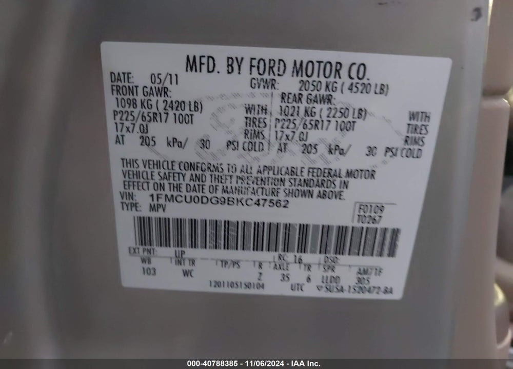 2011 FORD ESCAPE XLT VIN: 1FMCU0DG9BKC47562