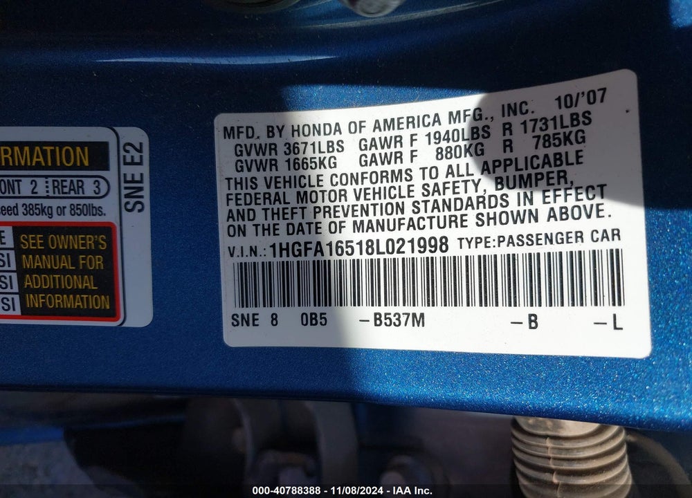 2008 HONDA CIVIC LX VIN: 1HGFA16518L021998