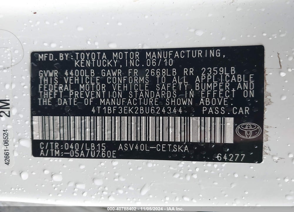 2011 TOYOTA CAMRY SE VIN: 4T1BF3EK2BU624344
