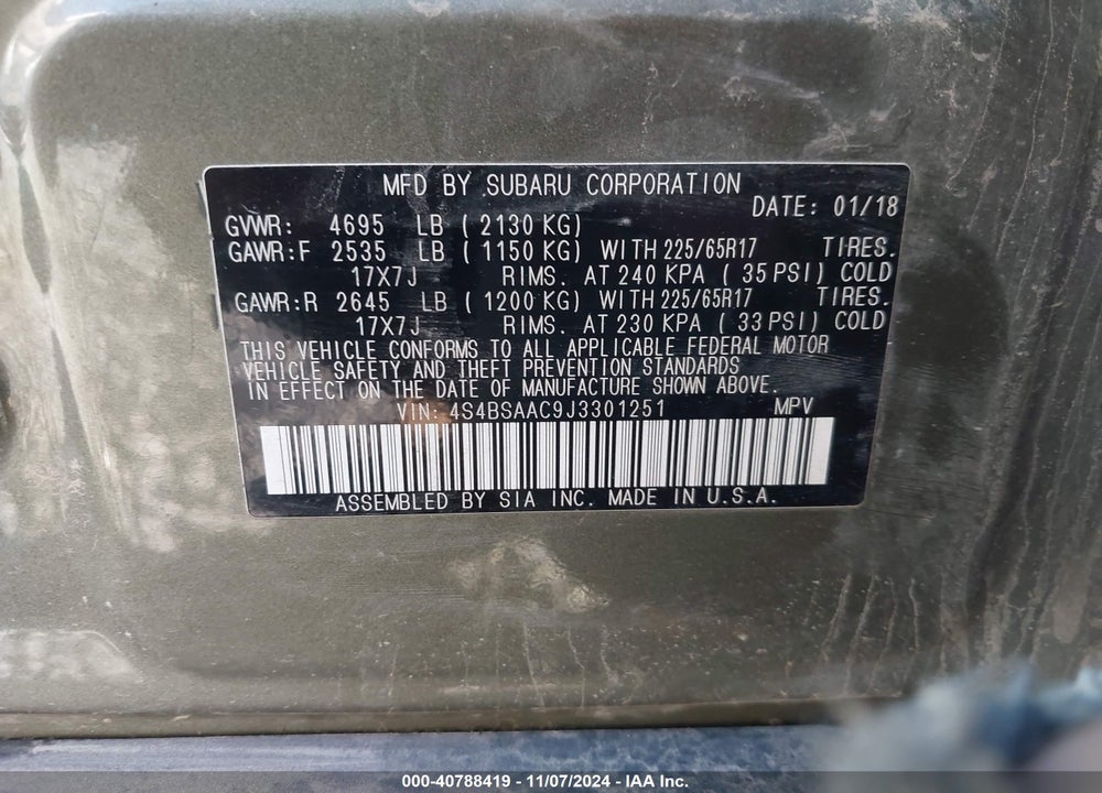 2018 SUBARU OUTBACK 2.5I VIN: 4S4BSAAC9J3301251
