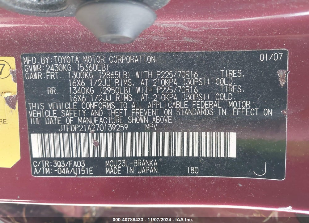 2007 TOYOTA HIGHLANDER V6 VIN: JTEDP21A270139259